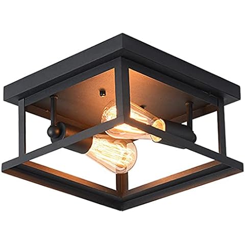 FREENN Vintage Square Ceiling Light, Retro Black Ceiling Lamp Creative Hollow-Carved Design ​Industrial Metal Ceiling Lighting for Bedroom Living Room Dining Room Kitchen, Warm White 3000K,2 Light Cover