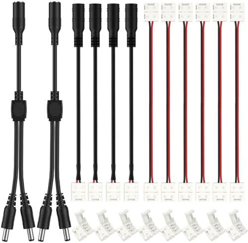 HitLights LED Strip Connectors 2Pin 8mm LED Connector Kit Include Solderless Gapless Connector, 6Inch Jumper, DC Female, DC Jack Splitter for LED Light Strips