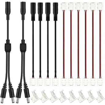 HitLights LED Strip Connectors 2Pin 8mm LED Connector Kit Include Solderless Gapless Connector, 6Inch Jumper, DC Female, DC Jack Splitter for LED Light Strips