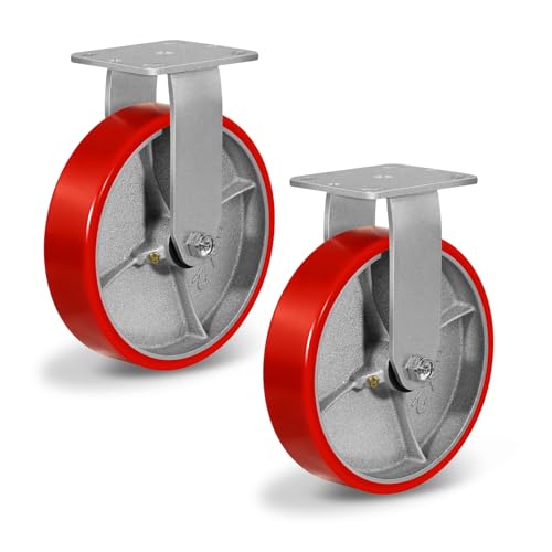 8" Casters, Polyurethane Industrial Caster Wheels Heavy Duty, Top Plate Fixed Casters(2 Pack Rigid)