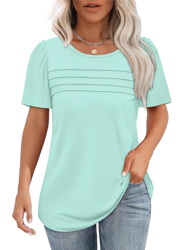 Chicrise Camisetas Mujer Verano Pliegues Mangas Cortas Blusas Elegante Casual Color Sólido Basica Top Verde Menta Extra Large 46-48