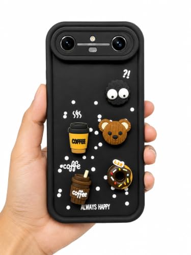 Image of Bintage Back Cover Compatible for Tecno KM9 / Pova Slim 5G | Cute Fun Ball | 3D Taddy Smiley Coffee | Milk Case | Full Body Protection - Black