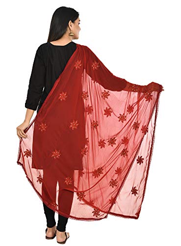 Image of YOUTHQUAKE Flower Embroidered Diamond Work Chiffon Dupatta for Womens & Girls With 4 Side Lace