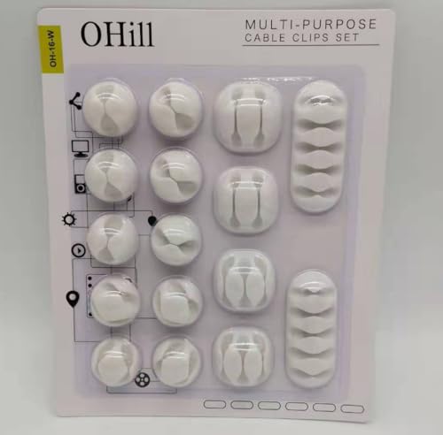 OHill Desk Cable Management Cord Organizer, 16 Pack White Self Adhesive Cord Holder Cable Clips, Ideal Cable Organizer Wire Keeper for Desk, Nightstand, Phone Charger, Computer, Home, Office, Car