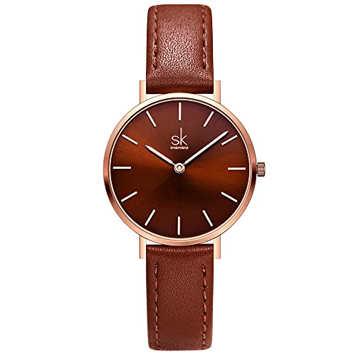 SHENGKE SK Montre pour Femme Ultra Fine et Minimaliste avec Deux Aiguilles et Bracelet en Cuir(Coffee)