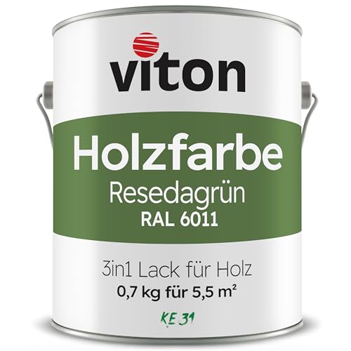 VITON Holzfarbe - 0,7 Kg Grün Holzlack Seidenmatt - Wetterschutzfarbe für Außen - 3in1 Grundierung & Deckfarbe - Profi-Holzschutzlack - KE31 - RAL 6011 Resedagrün