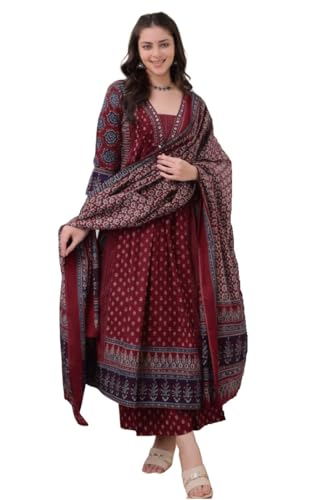 KLOSIA Women's Rayon Printed Anarkali Kurta and Pant with Dupatta...