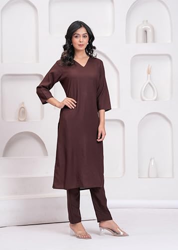 Image of Rayon Plain V Neck Kurta Pant Set for Women and Girls