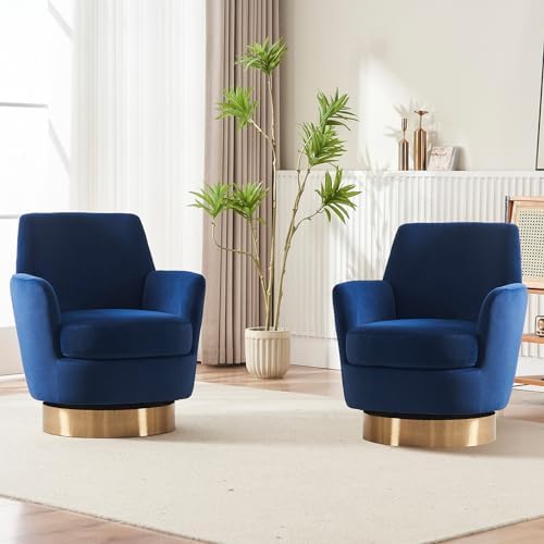 LUCKHAO Swivel Barrel Chair Set of 2,Modern Velvet Upholstered Round Swivel Accent Chairs with Tall Backrest,360 Degree Sofa Chair Armchair for Living Room,Navy Blue