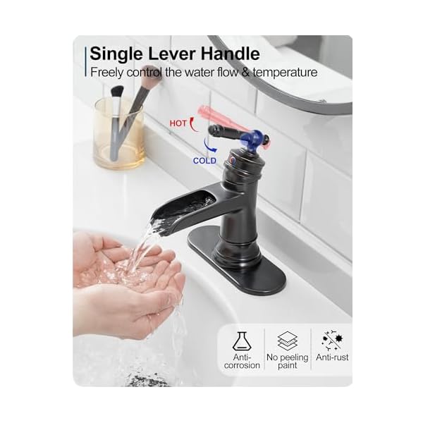   Waterfall-Faucet-Brass-Oil-Rubbed-Bronze-Bathroom-Faucet-1-Hole-Single-Handle-Bathroom-Faucets-4-Inch-3-Hole-Bathroom-Sink-Faucet-with-Pop-Up-Drain-Deck-Plate-Supply-Hoses-for-Farmhouse