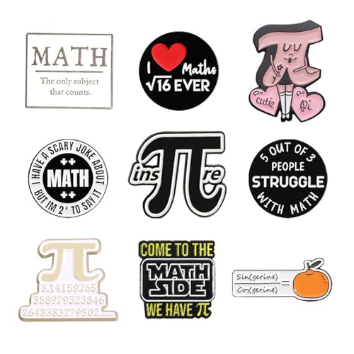 Dreuyet 9 Pcs Pi Symbol Math Brooches Enamel Pin Cute Mathematical Symbol 3.14 Sign Pi Day Lapel Brooch Badge Clothing Bag Decor Math Lover Teacher Back to School Gift (Simple)
