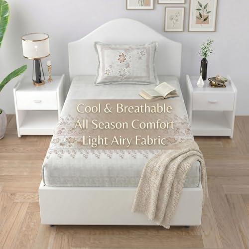 Image of Mafatlal 186 TC Spring Glory Graceful Pure Cotton Single Flatsheet (60 x 90 Inch) | Breathable Summer Comfort | Wrinkle-Free Floral Bedsheet with 1 Pillow Cover, Floral Brown