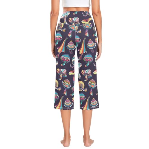 Calça de ioga de cintura alta com estampa de cogumelo com controle de barriga, calça solta feminina