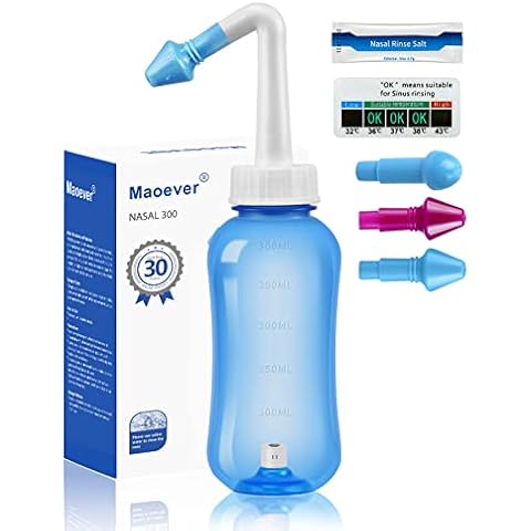 Nasendusche Set, Nasenspülkanne zur Nasenreinigung und Nasenspülung,BPA-frei, 300 ml, mit 30 Nasenwasch-Salzpaketen und Aufkleberthermometer(Blau) Cover