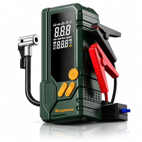 Image of Bergmann Stallion Heavy-Duty Cordless Tyre Inflator + Smart Jump Starter | 10000mAH Li-Ion Battery | LED Light | Type-C Port | for Cars, Bikes, Toys & Bicycles | Dark Green
