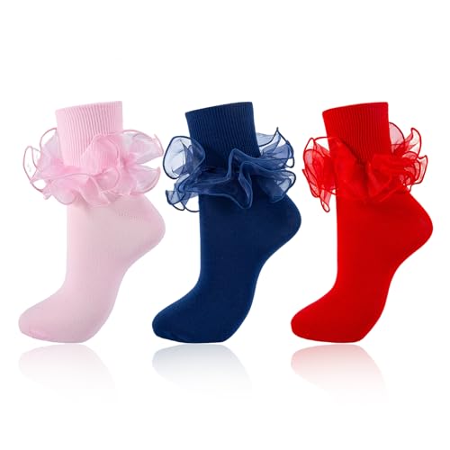Image of Women Big Ruffle Ankle Socks Adult Double Lace Frilly Turn Cuff Dress Socks Cotton Cute Fancy Bobby Crew Socks