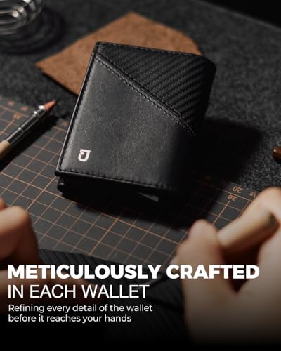 Jenoss Smart Wallet For Men: Full Grain Leather, Handcrafted, Slide Metal Pop Up Case, Slim RFID Blocking Credit Card Holder, Minimalist Compact 12 Cards Slot Organizers ID Money Clip (Black & Carbon)4