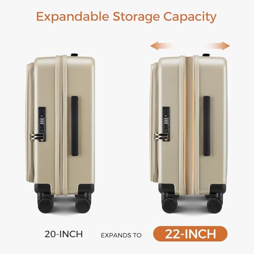 Image of Carry On Luggage Top Opening with Cup Holder & Phone Holder, Expandable PC Hard Shell Suitcase with USB Charging Port, Side Hook, 360 Spinner Wheels, TSA Lock & YKK Zippers