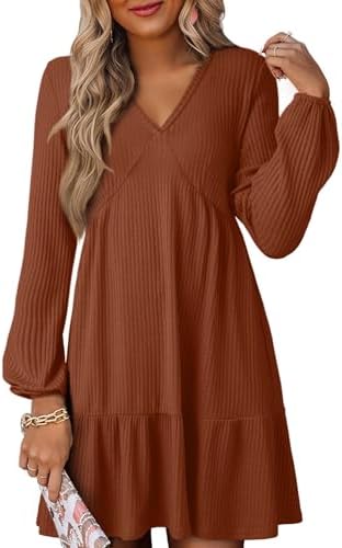 Dokotoo Spring Dresses for Women 2026 Long Sleeve V Neck Lightweight Ribbed Knit Empire Waist Casual A Line Swing Mini Dress