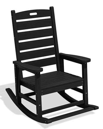 SERWALL Oversized Outdoor Rocking Chair, HDPE Patio Rocking Chair with Footboard for Adults, All Weather Porch Rocker for Deck Patio Balcony, Black