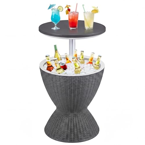 Image of Tangkula Outdoor Cooler Table, Multi-Functional Cooler Bar Table, Adjustable Height Ice Cooler Side Table w /Drain Plug, 8 Gallon Beer & Wine Cooler, Rattan Style Patio Furniture for Pool Parties