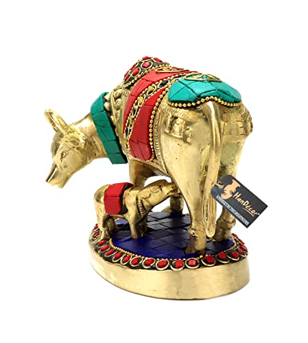 Image of Two Moustaches Gemstone Work 5.5 Inches Kamdhenu Cow Brass Showpiece, Standard, Multicolor, Pack of 1