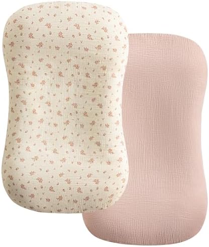 habibee Muslin Baby Lounger Cover 2 Pack, Cotton Baby Lounger Pillow Cover for Newborn, Organic Infant Lounger Cover for Boys and Girls, Pink Blossom