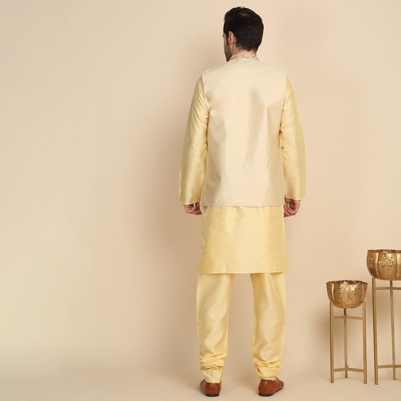 Image of KRAFT INDIA Men's Stylish Silk Kurta with Churidar & Nehru Jacket Set