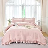 ANGIYUIN Blush Pink Comforter Sets Twin Size 5 Pieces Ruffle Bed in A Bag Farmhouse Bedding Sets Solid Color Soft Fluffy Bed Sets for Kids Girls（Blush Pink Twin）