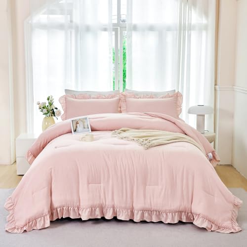 ANGIYUIN 5 Pieces Blush Pink Ruffled Comforter Sets Full Farmhouse