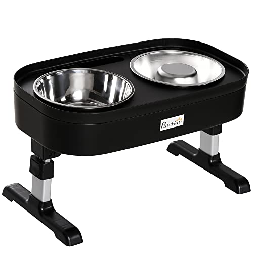 PawHut Comedero Elevado para Perros de 4 Alturas Ajustables Comedero Doble para Perros con Tazón 1000 ml y Tazón Lento 600 ml de Acero Inoxidable 43x25x30 cm Negro