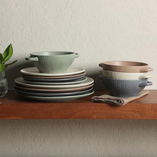 Image of Gibson Elite Clover Hill 12-Piece Stoneware Dinnerware Set - Assorted Colors in Sage Green, Charcoal, Taupe & Cream - Embossed Reactive Glaze Plates & Bowls, Microwave & Dishwasher Safe, Service for 4
