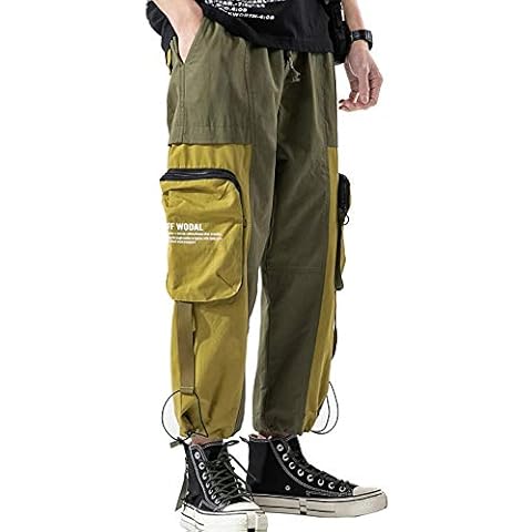 MOKEWEN Men's Two Tone Patchwork Elastic Waist Jogger Cargo Ninth Pants with Multi Pocket Army Green 29-30 Cover