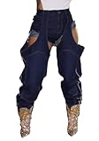 Vakkest Women's Baggy Denim Jeans Patchwwork Pants High Cutout Straight Wide Leg Stretchy Ripped Pants Y2K Streetwear Navy