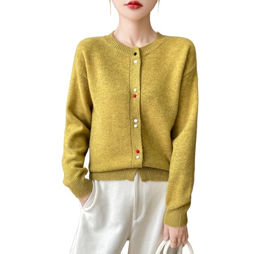 Women's Crewneck 100% Merino Wool Sweater 2025 Spring Fall Solid Long Sleeve Colorful Buttons Cardigan Sweater