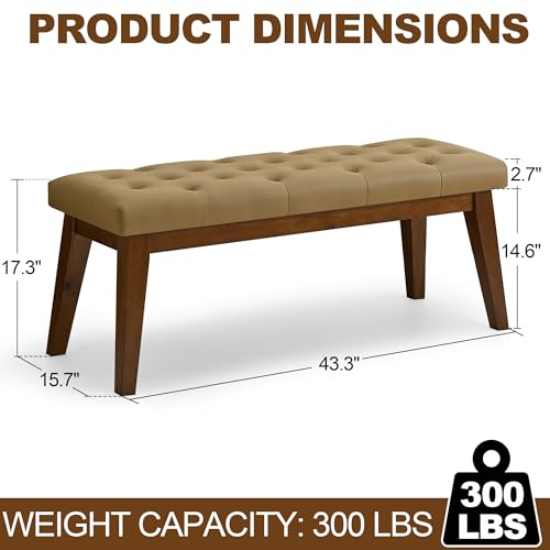 Image of 43.5'' Faux Leather Bedroom Bench, Upholstered End of Bed Bench with Tufted Button, Padded Vintage Dining Bench, Entryway Bench with Solid Wood Legs, Kitchen, Living Room, Hallway, Light Brown Tufted