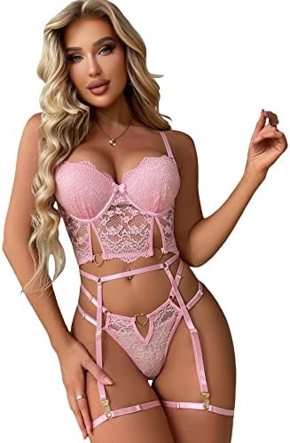 WDIRARA Women’s Lace Cut Out Heart Ring Sexy Underwire Garter Longline Lingerie Set