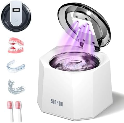 SUNPOW Dental Ultrasonic Retainer Cleaner Machine - 48kHz Retainer Cleaner with 5 UV Lights for Night Guards, Mouth Guards, Dentures- 220ML Dental Cleaning Pod Upgrade Design
