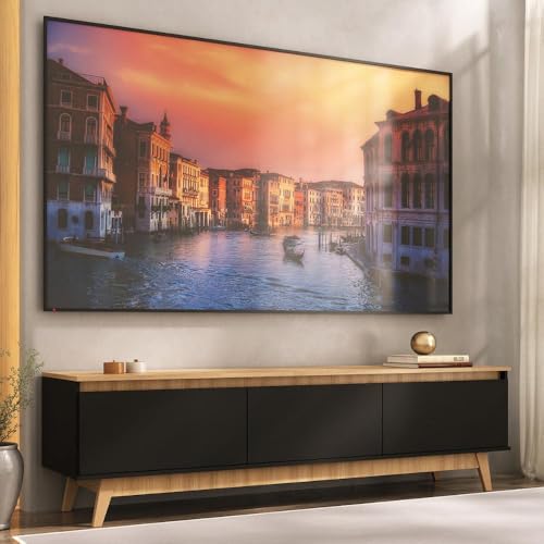 Rack Retrô para TV até 80” 180cm com 3 Portas Multimóveis MP1103 – Madeirado/Preto, Design Moderno e Garantia de 3 Anos