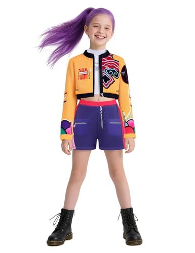 Miulruma Popstar Kostüm für Mädchen, 3-teiliges Demon Cosplay Hunters Costumes Outfit mit Jacke, Top und Shorts, Urban Tänzerin Verkleidung für Halloween, Karneval & Bühne A054S