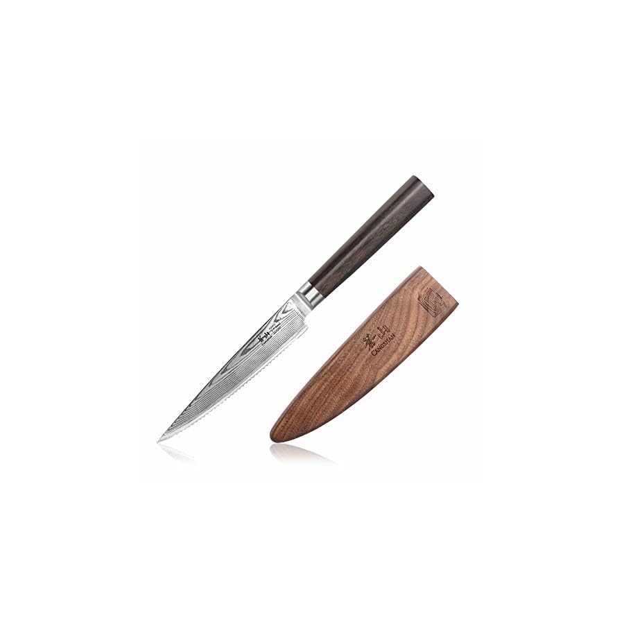 Cangshan-HAKU-Series-501080-X-7-Damascus-Steel-Forged-5-inch-Serrated-Utility-Knife-with-Sheath Cangshan HAKU Series 5-Inch Serrated Utility Knife with Sheath, Forged X-7 Damascus Steel, 501080