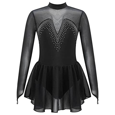 YiZYiF Vestido Patinaje Artítico Niñas Maillot Gimnasia Rítmica Leotardo Ballet Danza Mono de Baile Manga Larga con Brillos Disfraz Bailarina Negro B Cover