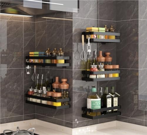 Estante de especias de montaje en pared negro, organizador de estantes de cocina de acero al carbono para frascos y botellas, soporte de almacenamiento de ahorro de espacio para artículos de tocador d