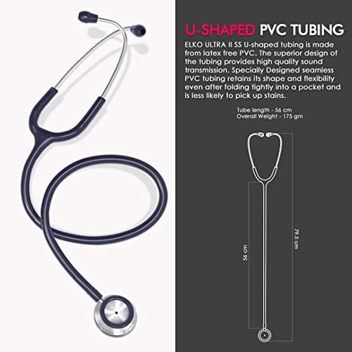 Image of ELKO EL-140 ULTRA II SS Stainless Steel Acoustic Stethoscope | For Doctors, Medical Students & Healthcare Professionals | Dual Head Chestpiece | 5.5mm Brass Pipe Frame | U-Shaped PVC Tubing (Blue)