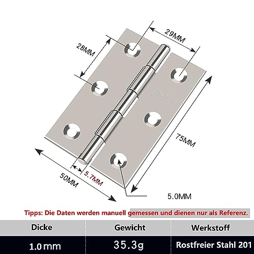 Bohaner Pack of 10 Hinges Foldable Silver Stainless Steel Hinges for Doors Windows Cabinets with Screws (Pack of 10, 75 x 50 mm) - Image 2