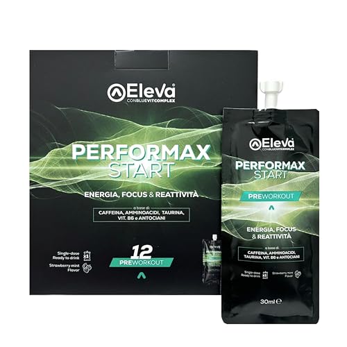 Eleva con Bluevit Complex Performax Start | Integratore Pre Workout Ready to Drink | Caffeina, Amminoacidi, Taurina, Antociani, Magnesio Bisglicinato e Vitamina B6 | Multipack 12 Energy Shot X 30ml