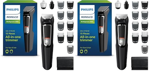 Image of Norelco Philips Multigroom 3000 Series,All-in-One Trimmer,Beard Trimmer and Hair Clipper,15-Piece Men's Grooming Kit for Head,Beard,Face,Nose,Ears,No Blade Oil Needed,Soft Pouch,MG3770 /40,(Pack of 2)