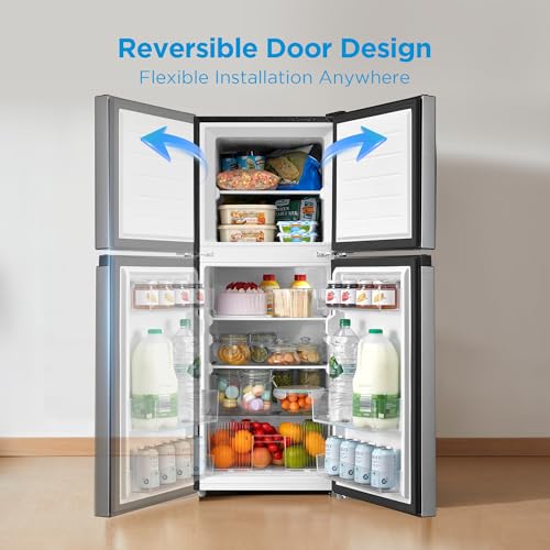 Image of Midea MERM45S3AST 4.5 Cu.ft Mini Fridge with Freezer, with Internal Light, Adjustable Thermostat, Reversible Door, for Dorm, Office, Bedroom, Stainless Steel