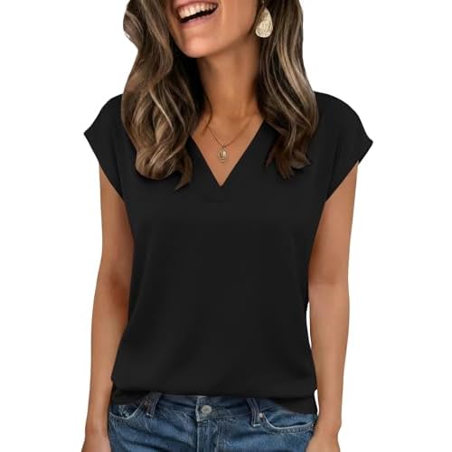 Rapbin Womens V Neck Tops Short Sleeve Cap Sleeve Blouses Dressy Casual Basic Tees Summer Spring Outfits