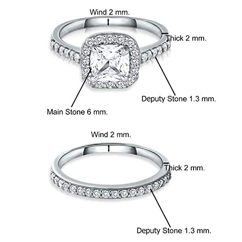 SEA OF ICE 925 Sterling Silver 6x6mm Cushion-Cut CZ Cubic Zirconia Halo Anniversary Wedding Band Engagement Ring Bridal Set, Sizes 5 to 104